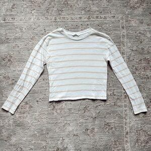 Mango Long Sleeve White Tan Striped Casual Layering Top Waist Length Womens